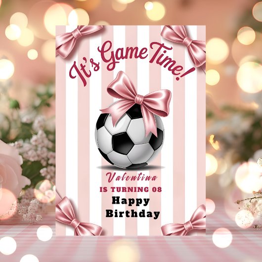 Preppy Pink Bow Soccer Birthday Kaart