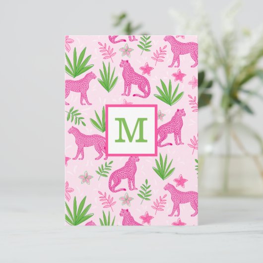 Preppy Pink Cheetah Monogram Bedankkaart (Staand voorkant)