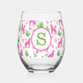 Preppy Pink Cheetah Monogram Wijnglas Zonder Voet (Voorkant)