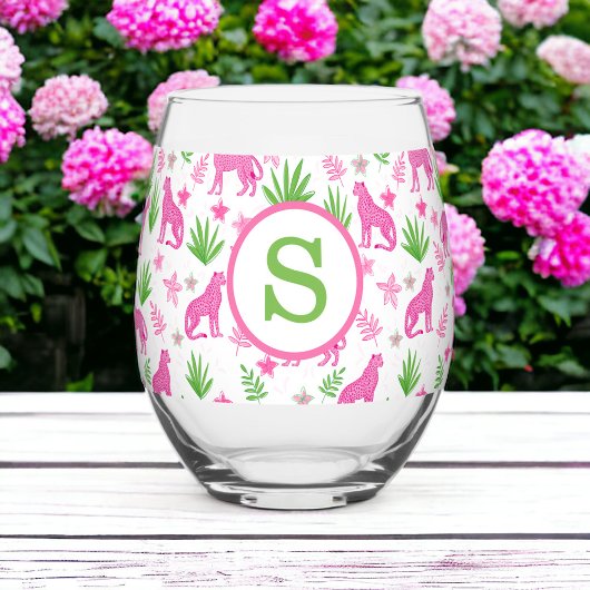 Preppy Pink Cheetah Monogram Wijnglas Zonder Voet
