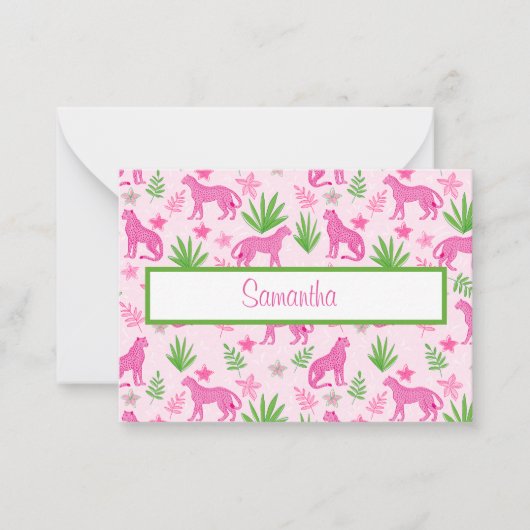Preppy Pink Cheetah Script gepersonaliseerd Notitiekaartje (Voorkant)