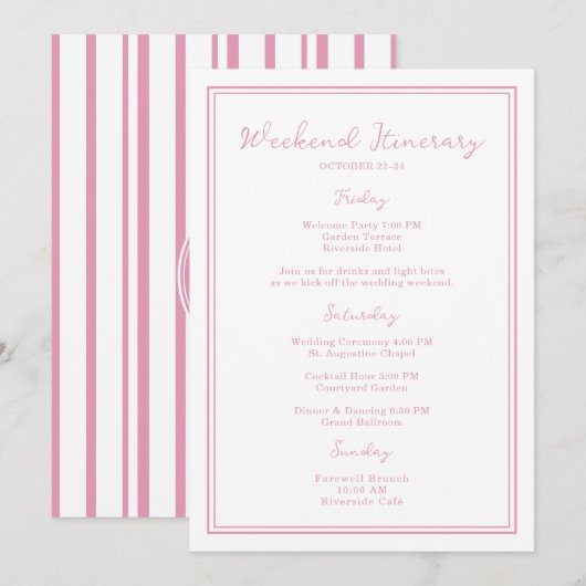 Preppy Pink Chic Wedding Weekend Itinerary Card Kaart (Voorkant / Achterkant)