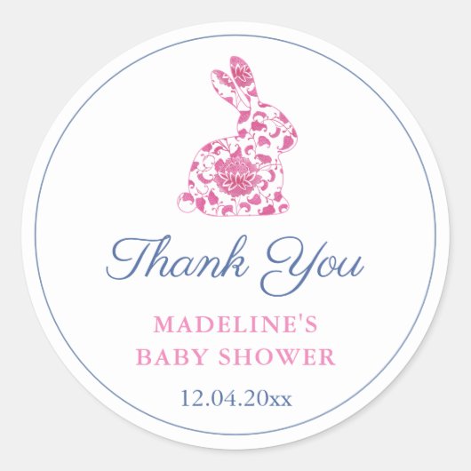 Preppy Pink Chinoiserie Bunny Baby Shower Favor Ronde Sticker (Voorkant)