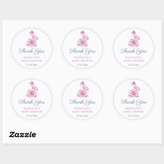 Preppy Pink Chinoiserie Bunny Baby Shower Favor Ronde Sticker (Vel)