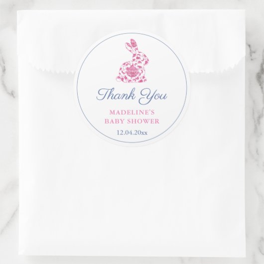 Preppy Pink Chinoiserie Bunny Baby Shower Favor Ronde Sticker (Tas)