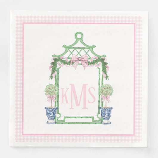 Preppy Pink Chinoiserie Pagoda Monogram Servet (Voorkant)