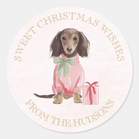 Preppy Pink Christmas Dachshund Sml Round Stickers (Voorkant)