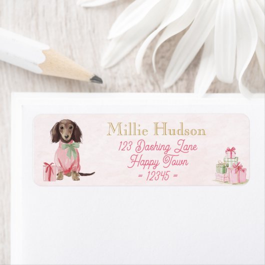 Preppy Pink Dachshund Christmas Address Labels (Insitu)