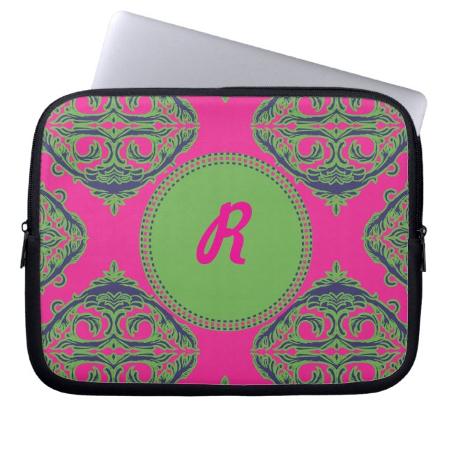 Preppy Pink Damask Laptop Sleeve (Voorkant)