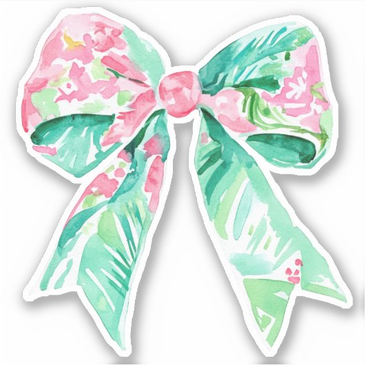 Preppy Pink en Aqua Floral Bow Sticker (Voorkant)