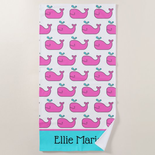 Preppy Pink en Aqua Whales - Gepersonaliseerd Strandlaken (Voorkant)