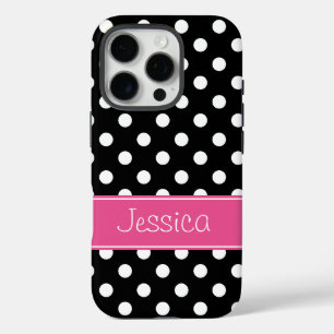 Preppy Pink en Black Polka Dots gepersonaliseerd iPhone 16 Pro Hoesje