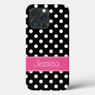 Preppy Pink en Black Polka Dots gepersonaliseerd iPhone 13 Pro Hoesje