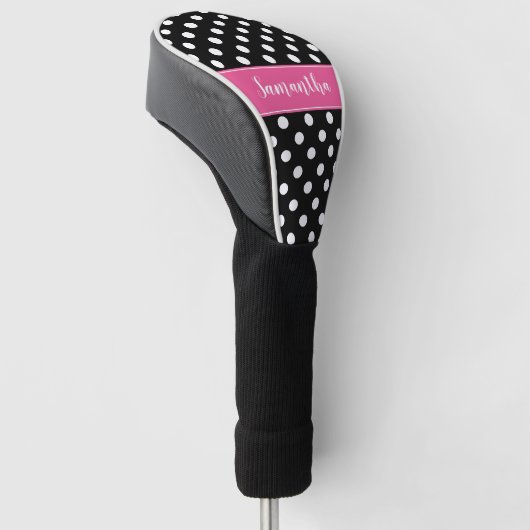 Preppy Pink en Black Polka Dots gepersonaliseerd Golfheadcover (Schuin)