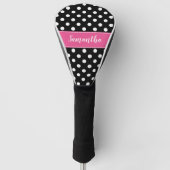 Preppy Pink en Black Polka Dots gepersonaliseerd Golfheadcover (Voorkant)