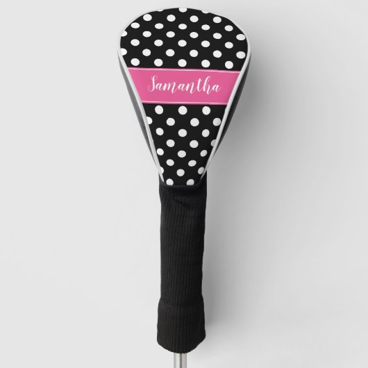 Preppy Pink en Black Polka Dots gepersonaliseerd Golfheadcover (Voorkant)