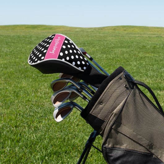 Preppy Pink en Black Polka Dots gepersonaliseerd Golfheadcover (Insitu)