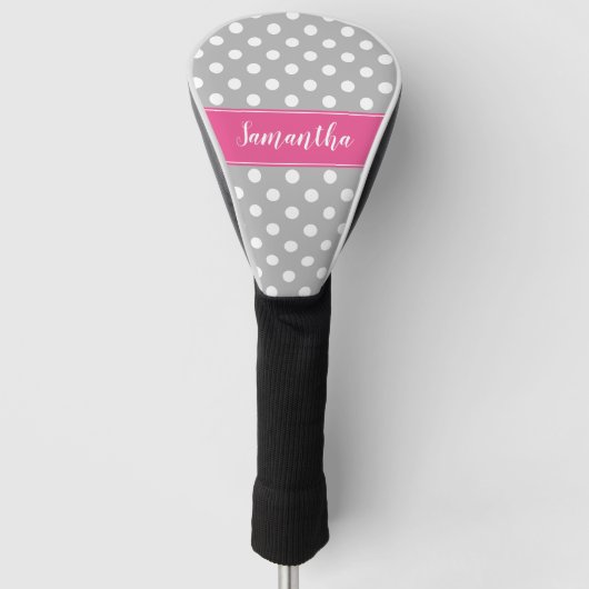 Preppy Pink en Gray Polka Dots gepersonaliseerd Golfheadcover (Voorkant)