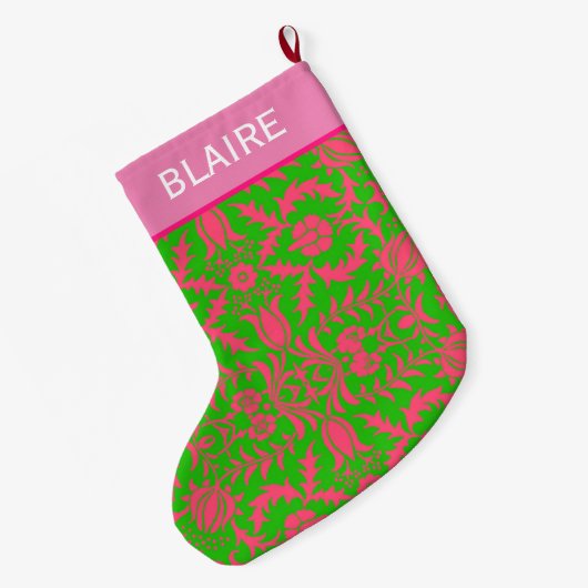 Preppy Pink en Green Monogram Grote Kerstsok (Achterkant (Hangend))