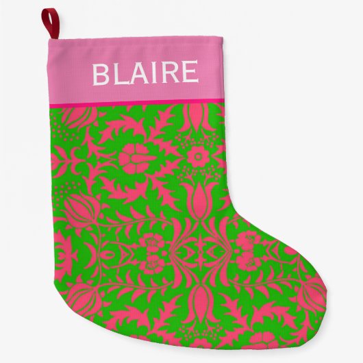 Preppy Pink en Green Monogram Grote Kerstsok (Voorkant)