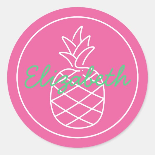 Preppy Pink en Green Pineapple Aangepast Ronde Sticker (Voorkant)