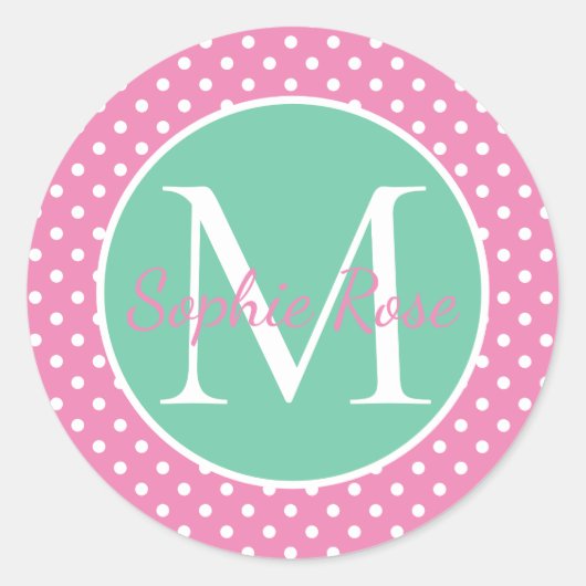 Preppy Pink en Green Polka Dot Monogram Ronde Sticker (Voorkant)