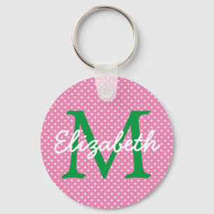 Preppy Pink en Green Polka Dot Monogram Sleutelhanger