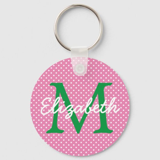 Preppy Pink en Green Polka Dot Monogram Sleutelhanger (Voorkant)