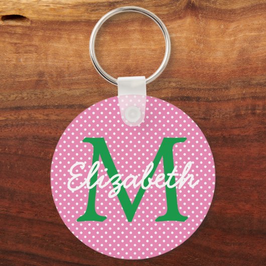 Preppy Pink en Green Polka Dot Monogram Sleutelhanger (Voorkant)