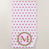 Preppy Pink en Green Polka Dot Monogram Strandlaken (Voorkant)