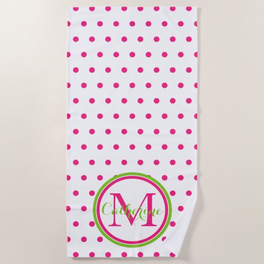 Preppy Pink en Green Polka Dot Monogram Strandlaken (Voorkant)