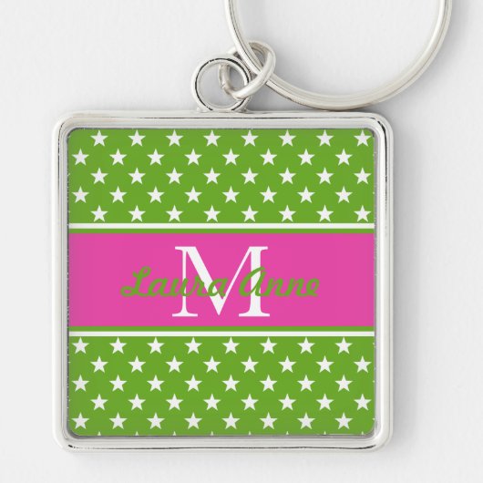 Preppy Pink en Green Stars Monogram Sleutelhanger (Voorkant)