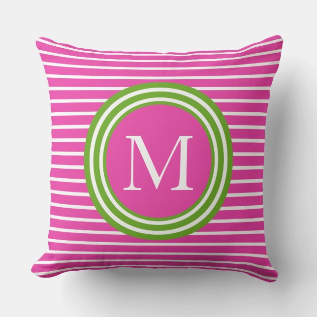 Preppy Pink en Green Stripe Monogram Kussen (Voorkant)