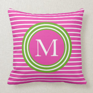 Preppy Pink en Green Stripe Monogram Kussen
