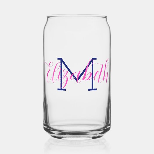 Preppy Pink en Navy Blue Monogram Blikvorm Glas (Voorkant)