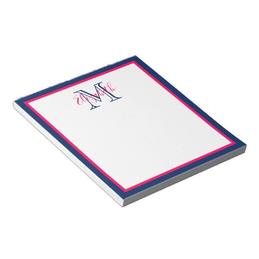 Preppy Pink en Navy Blue Monogram Notitieblok (Schuin)