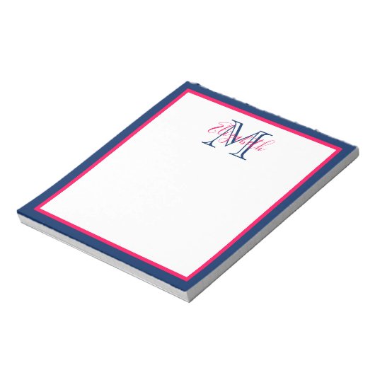 Preppy Pink en Navy Blue Monogram Notitieblok (Linkerzijde)