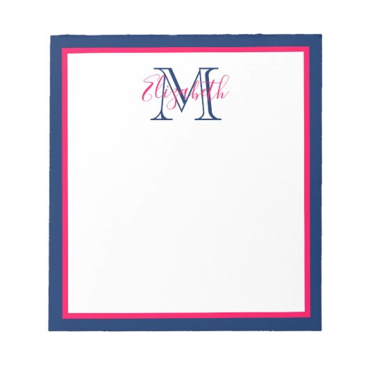 Preppy Pink en Navy Blue Monogram Notitieblok (Voorkant)