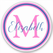 Preppy Pink en Navy Blue Monogram Sticker (Voorkant)