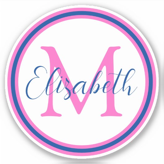 Preppy Pink en Navy Blue Monogram Sticker (Voorkant)