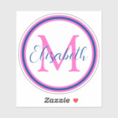 Preppy Pink en Navy Blue Monogram Sticker (Vel)