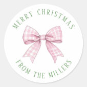 Preppy Pink Gingham Bow Classic Ronde Sticker (Voorkant)