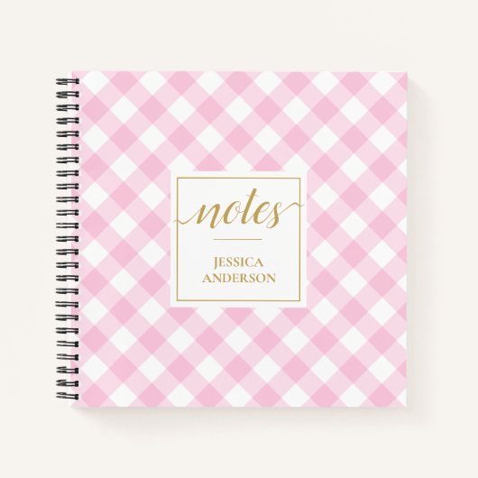 Preppy Pink Gingham Patroonnaam Notitieboek (Voorkant)