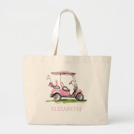 Preppy Pink Golf Cart gepersonaliseerd Grote Tote Bag