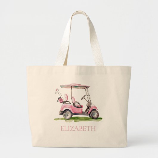 Preppy Pink Golf Cart gepersonaliseerd Grote Tote Bag (Voorkant)