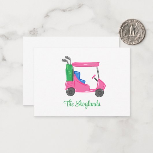 Preppy Pink Golf Cart gepersonaliseerd Notitiekaartje (Voorkant / Achterkant in situ)