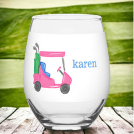 Preppy Pink Golf Cart gepersonaliseerd Wijnglas Zonder Voet