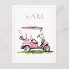 Preppy Pink Golf Cart Monogram Briefkaart