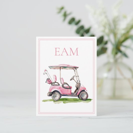 Preppy Pink Golf Cart Monogram Briefkaart (Staand voorkant)