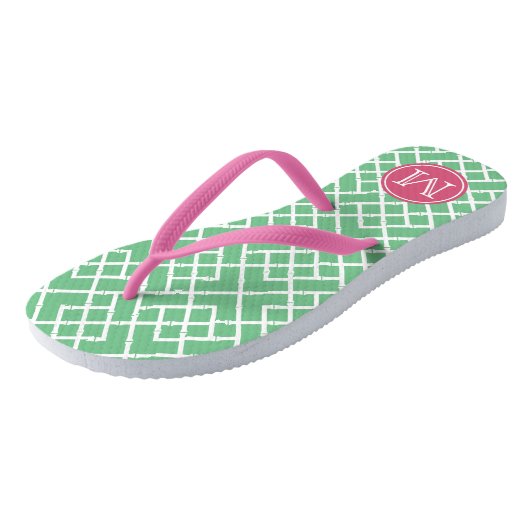Preppy Pink & Green Bamboo Lattice Monogram Teenslippers (Schuin)